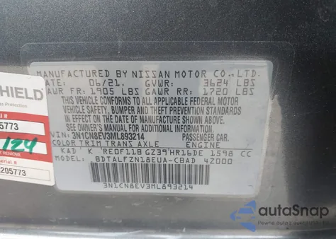 2021 Nissan Versa Sv Xtronic Cvt from USA, damaged, VIN 3N1CN8EV3ML893214